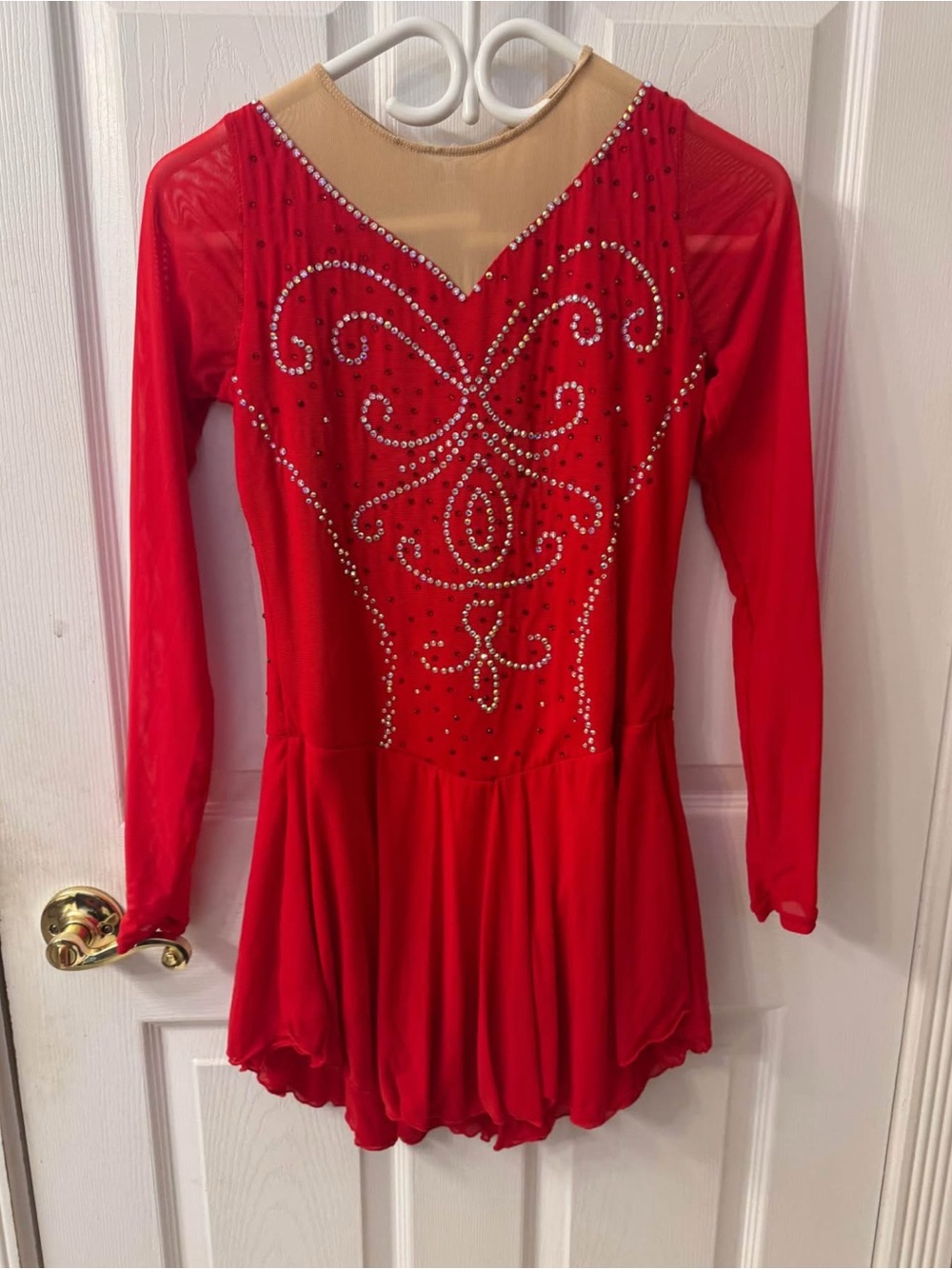 Red Long Sleeve Figure Skating Dress